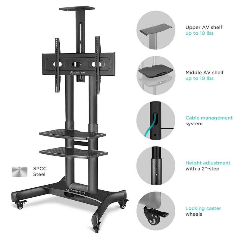 Onkron TS1552 Mobile Tv Stand Rolling Cart with Adjustable Height